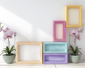 Colorful home interior with colorful wooden boxes, photo frames and orchid flower on white wall...