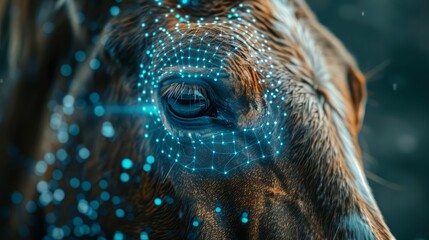 A closeup of a horse's eye with a glowing blue network of veins and arteries.