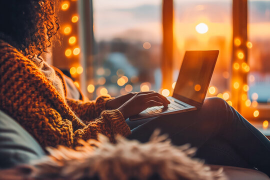 A Black person sits comfortably at home using a laptop for online banking, with the warm glow of the sunset filling the room. - Powered by Adobe