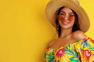 Woman wearing stylish hat and sunglasses on bright yellow backdrop. Perfect for fashion or summer concept