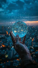 The photo shows a hand holding a glowing blue orb with a cityscape in the background.