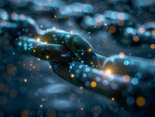 Blue and green digital hand reaching out from a dark background full of glowing lights.