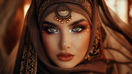 a close-up of a woman's face. She is wearing a brown hijab with gold decorations and has heavy makeup on.