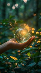 The photo shows a hand holding a glowing sphere in the palm of their hand with a lush green background.