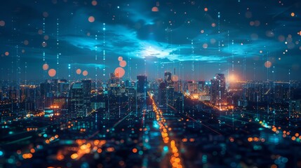 The photo shows a night view of a city with skyscrapers and a lot of lights. The image is full of vibrant colors.