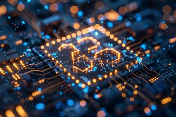 Blue and orange glowing electronic circuit board with a central processor.