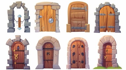 Set of medieval wooden doors on white background with stone porch, arch doorway with locked gate, iron doorknob and old architecture design elements. Modern cartoon illustration.