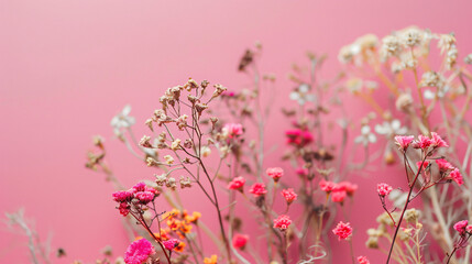Dried flowers on pink background closeup