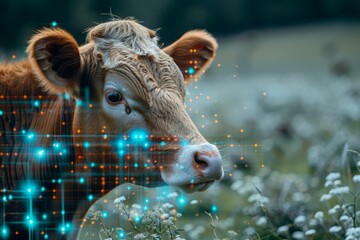 Cow with technology graphic overlay.