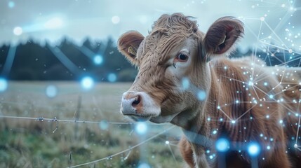 Cow with the Internet of Things (IoT) network concept.