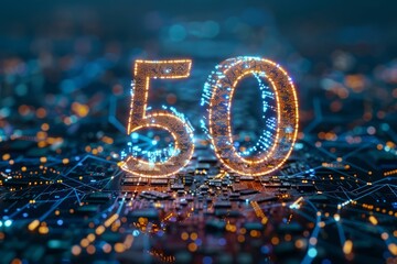 Fifty. 3D rendering of the number fifty made of orange light over a background of blue and purple circuit board texture.