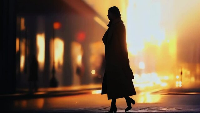 silhouette of a businesswoman walking on city street at sunset slow motion abstract animation - 4K stock Video footage AI