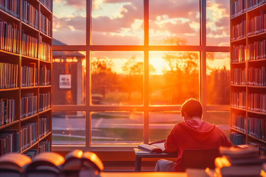 A determined student studying in a library at sunrise.
