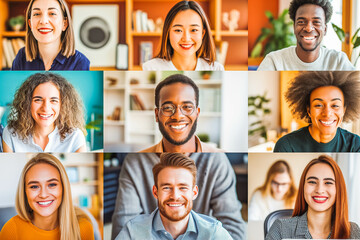 Fototapeta premium A diverse group of colleagues smile and engage in a video conference call. Modern laptops and home office backgrounds set the scene for a positive virtual team meeting.