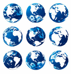 a bunch of blue and white globes on a white background