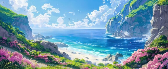 Anime Style Landscape Painting Of A Beautiful Beach By The Sea With Mountains In Front And Pink...