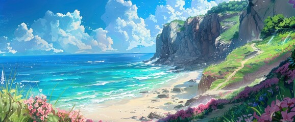 Anime Style Landscape Painting Of A Beautiful Beach By The Sea With Mountains In Front And Pink Flowers On Both Sides, Green Grassland On Top Of Steep Cliffs, Blue Sky 