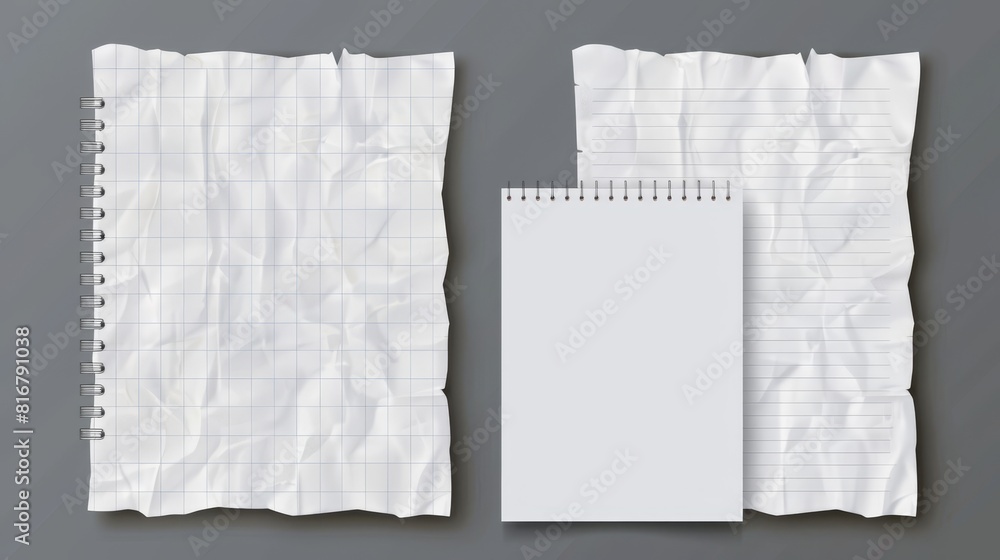 Poster an isolated set of notebook paper sheets with checkered and dotted patterns on transparent backgroun