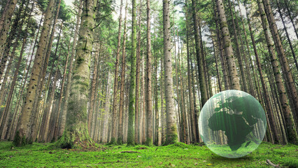 Green ecology environment woods with illustrated earth planet. 