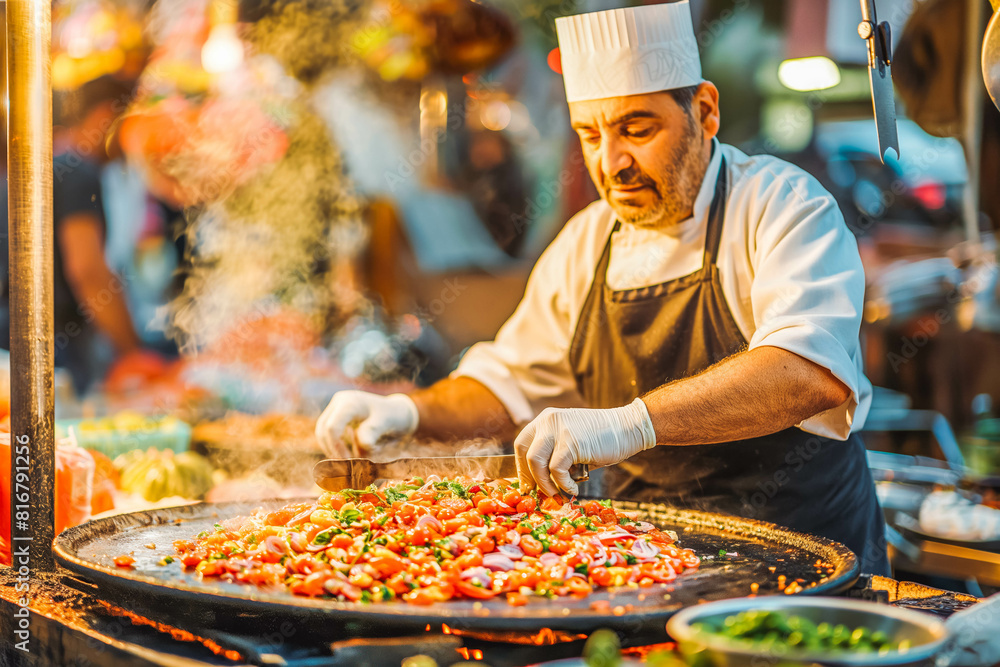 Wall mural A Middle Eastern chef prepares a flavorful dish in an open-air market, with the colorful sunset adding vibrancy to the scene.