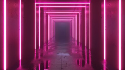 This is a realistic modern illustration of a black room corridor with pink neon tubes and reflections on the floor. This is a perspective scene with led lamps. This could be a presentation stage, a