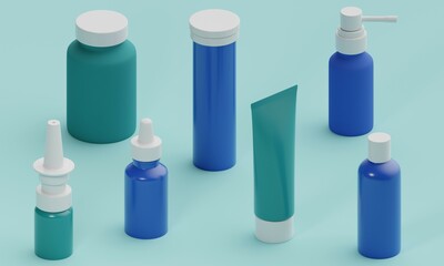 Medicine jar mockup on blue table. 3d rendering