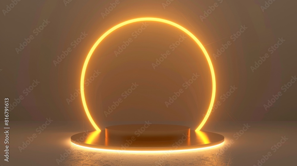 Poster an empty realistic studio layout mockup template with a realistic glossy gold podium and frame for a