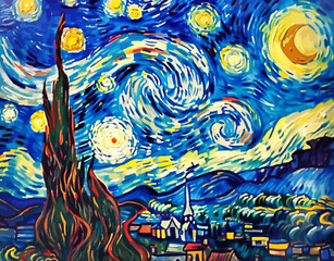 a painting of a starry night over a city