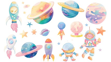 Colorful Cosmic Adventure Featuring Astronauts Planets and Intergalactic