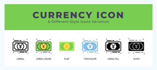 Currency set of icons. Vector illustration with different styles.