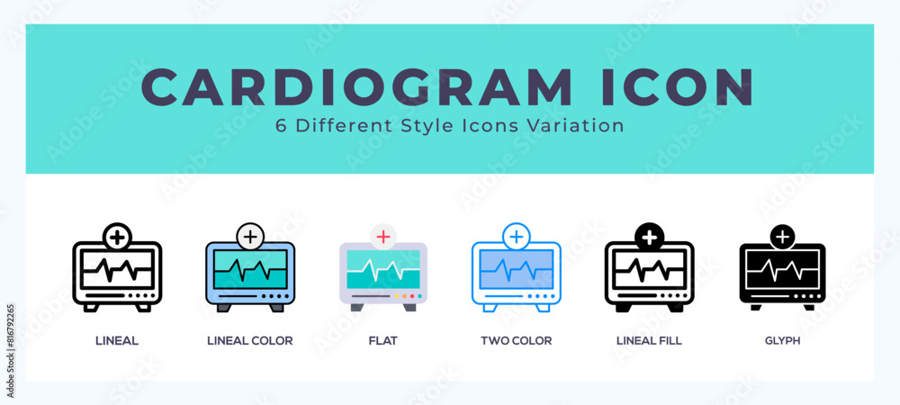 Poster cardiogram icon set with different styles. icons designed in filled. outline. flat. glyph and line c