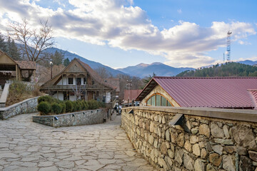 Villages of Armenia. Suburbs of Dilijan. Tavush region. Village with stone fences. Resorts of Dilijan. Country landscape with mountain views. Dilijan on sunny day. Architecture of Armenia