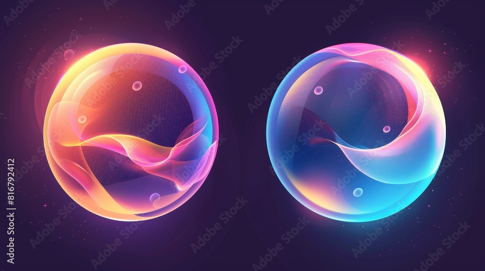 Poster an abstract modern illustration set of translucent holographic soft fluid meshes. round vivid blobs 