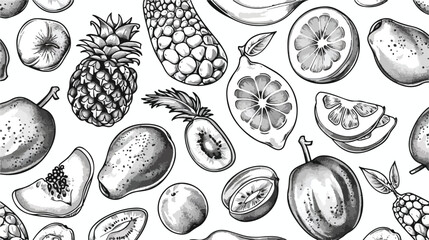 Seamless pattern with exotic tropical fruits. Black a
