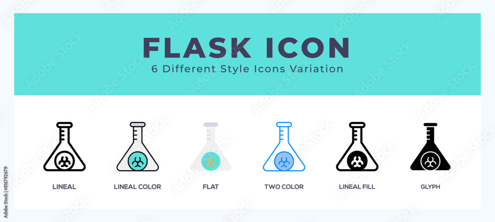 Poster flask icon symbol set. outline. glyph black. flat color and filled line color.