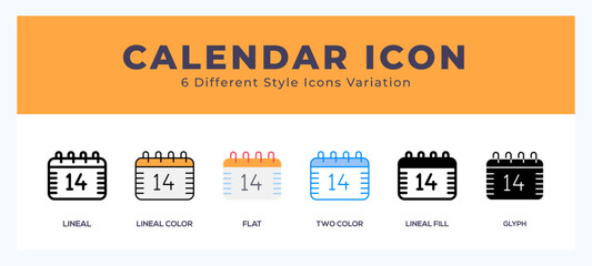 Calendar icon set. outline. glyph black. flat color and filled line color