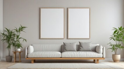 Mockup white poster frame on the wall. Japanese zen interior design of modern living room, home.