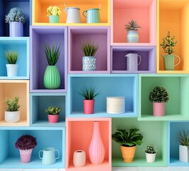 Colorful shelves with pots, vases and boxes on light background