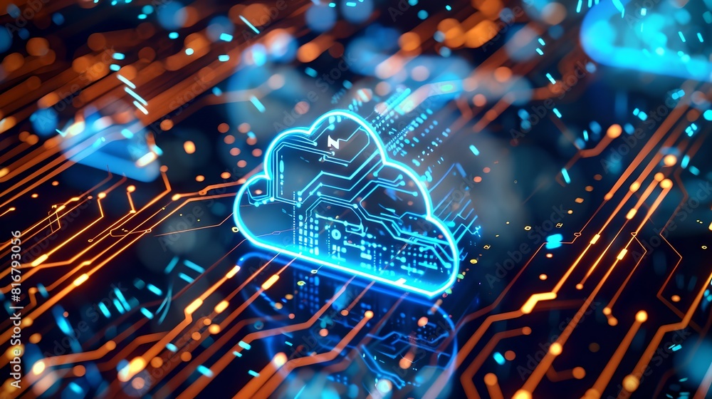 Aufkleber futuristic digital landscape with illuminated cloud computing concept, data transfer and technology 