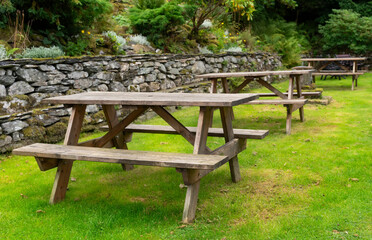 tables in pub beer garden on sunny summer day