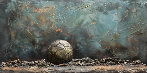 Texture of Turtle carapace Worn soccer ball against a textured ancient wall backdrop.