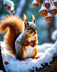 Cute little rd squirrel sitting under pine cones in the snow eating nuts.