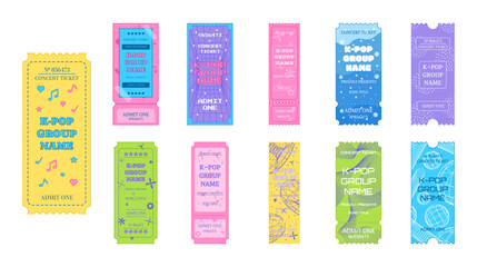 Set of tickets for a music concert of a K-pop group. Vector illustration isolated on white background