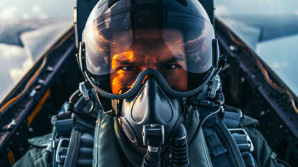 Portrait of a military aircraft pilot sitting in his plane wearing helmet and mask during the flight. Generative AI