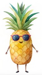 Cute funny Watercolor pineapple with sunglasses on white