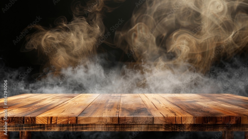 Poster three-dimensional rustic display board side view with realistic steam backdrop. the surface of a woo