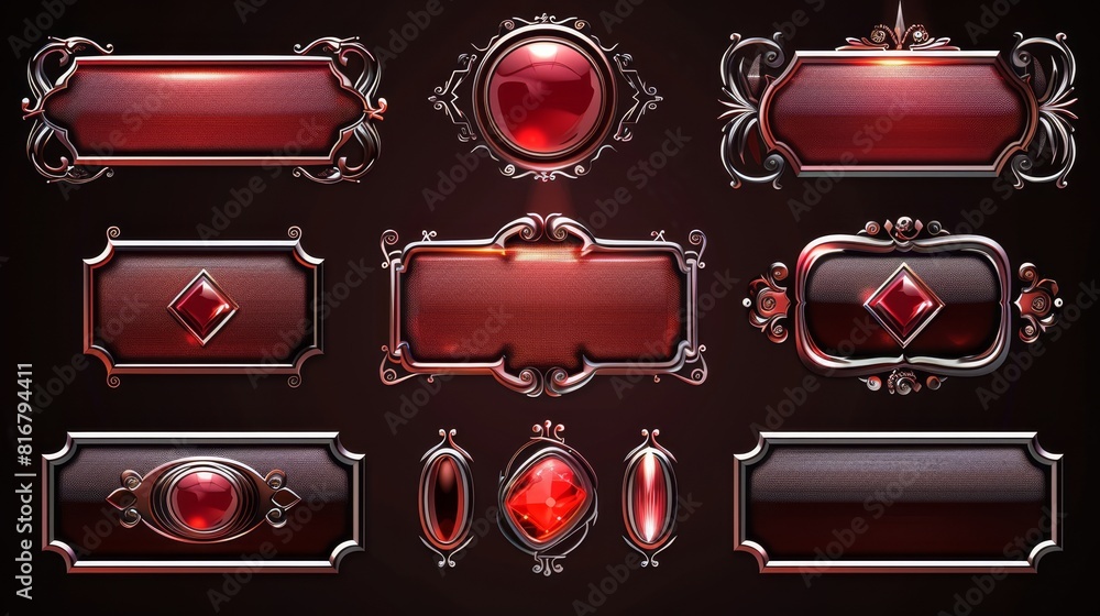 Poster modern illustration of red ui buttons for fantasy game banners. medieval title bar element set. deco