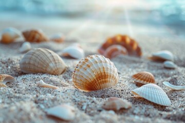 A collection of seashells scattered on a sandy beach. Ideal for travel or nature concepts