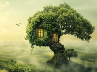 Obraz premium A whimsical treehouse nestled within a lush, green tree, surrounded by a misty, rolling landscape. The scene evokes a sense of fantasy and tranquility, with a bird soaring in the sky.
