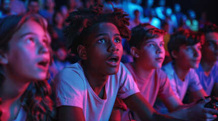 Teens competing in intense video game tournament with excitement and focus.
